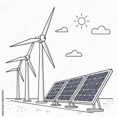 A picturesque sketch depicts wind turbines and solar panels against a cloudy sky symbolizing renewable energy sources and sustainability