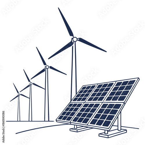 A graphic illustration displaying wind turbines and solar panels representing sustainable energy sources and a commitment to a greener future