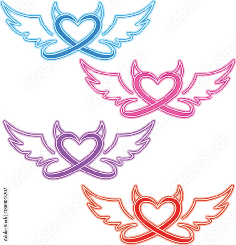 Four multicolored stylized hearts with wings, devil horns, and looped infinity symbols