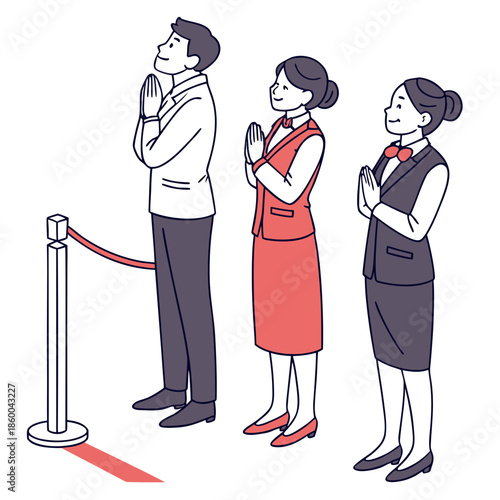 a group of people including a man and two women are standing with hands clasped in prayer or anticipation