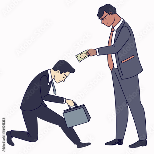 A depiction of a business transaction involving a transfer of money from one suited man to another in distress