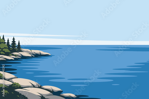 Lake Superior Minnesota Landscape Illustration Featuring Calm Water Shoreline Rocks Sky Minimal Clean Scenic Design