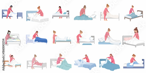 Collection of flat vector illustrations depicting women in pajamas making beds, cleaning up the bedroom, and completing morning household routines.
