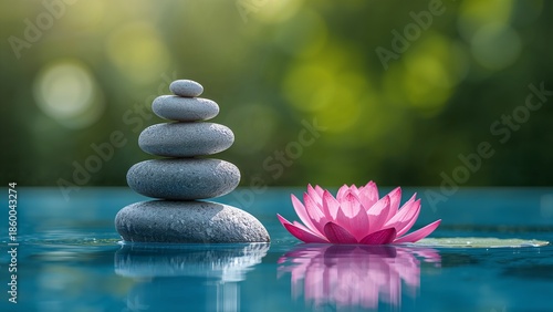 Zen Balance: Stacked Stones and Pink Lotus Flower Floating on Tranquil Water.
