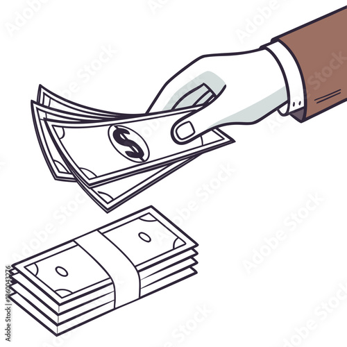 A sketched illustration depicts a hand extending a stack of money towards another stack below symbolizing financial transactions and wealth