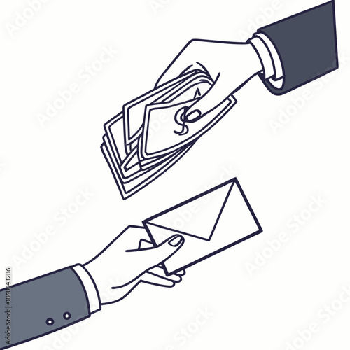 An illustration depicting a clandestine exchange of cash between two individuals hinting at potentially illicit or secretive dealings