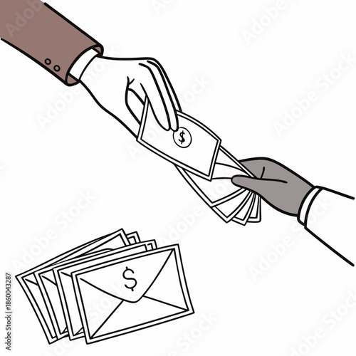 A simple line drawing depicts a financial transaction showing hands exchanging cash and envelopes containing money representing payment