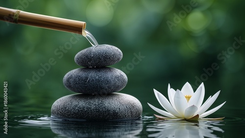 Harmony and Balance: Water flowing over Zen rocks and beautiful lotus flower.