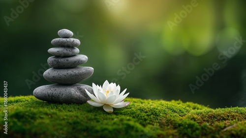 Harmony and meditation: Balanced zen stones with white lotus on vibrant green moss.
