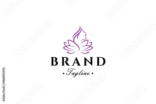 beauty logo with woman face and lotus flower in vector design style template