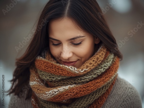 Young woman wearing striped knit scarf