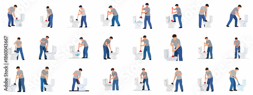 Collection of flat vector illustrations showing a man plunging a clogged toilet, demonstrating steps for home plumbing maintenance and repair.