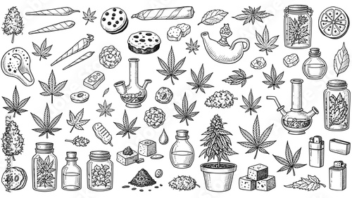 Cannabis product and paraphernalia hand drawn set