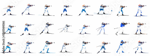 Collection of female biathletes aiming rifles while cross-country skiing, depicted in various poses and competition uniforms.