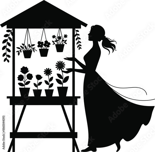Minimalist high contrast silhouette of woman reaching for flowers at street stall