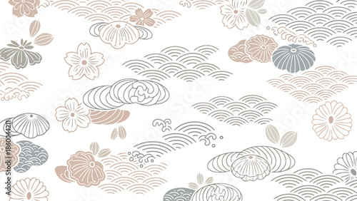 Minimalist Japanese Pattern with Traditional Waves and Cherry Blossom Outlines.