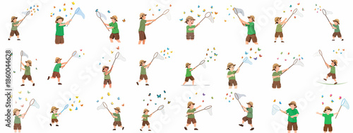 Vector set of a young boy explorer catching colorful butterflies with a net, showing various poses for nature activity, summer fun, and childhood adventure.