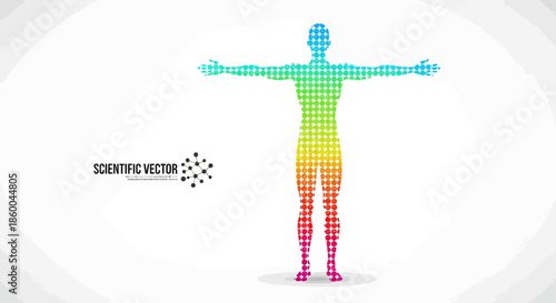Human body made of colorful pixels in a vitruvian man style
