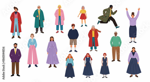 Diverse group of people illustrations in various poses and outfits