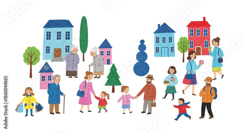 Colorful illustration of people in a neighborhood