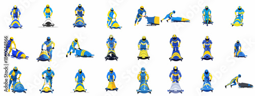 Bobsled Athletes Flat Vector Illustration Set: Pushing the Bobsleigh during the Start Phase of the Winter Sport Competition.