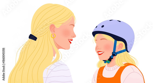 Two blond women wearing helmet and casual clothes