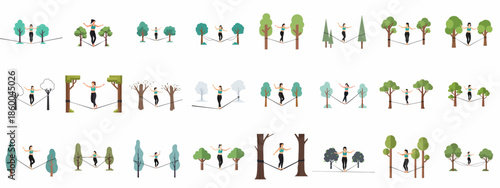 Woman practicing slacklining between trees in a park, illustrating balance, focus, and outdoor fitness. Large vector set.