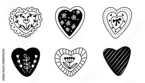 Set of whimsical doodle hearts. Hand drawn heart illustration. Saint Valentines day.