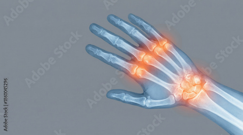 Hand Arthritis and Wrist Pain, a Detailed X-ray Scan of Human Bones Highlighting Inflamed Joints on a Grey Background