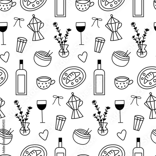 Seamless pattern of wine glasses, bottles, coffee, and culinary doodles in a simple hand drawn style. Perfect for menu backgrounds, wine bar decor, packaging.