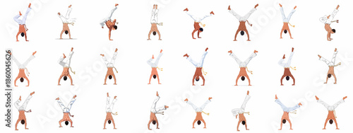 Brazilian Capoeira fighters in various handstand and acrobatic inverted poses, demonstrating martial arts, dance, and fitness movements collection.