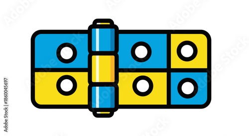 Colorful metal hinge plate illustration with bold blue and yellow sections, isolated on a white background