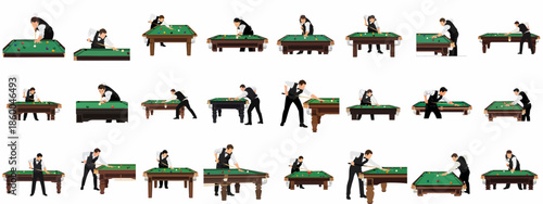 Collection of vector illustrations showing players engaged in billiards and pool games, featuring various poses, shots, and angles on green cue sports tables.