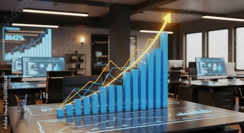 3D Business Graph Visualization with Arrow Highlight in Modern Office