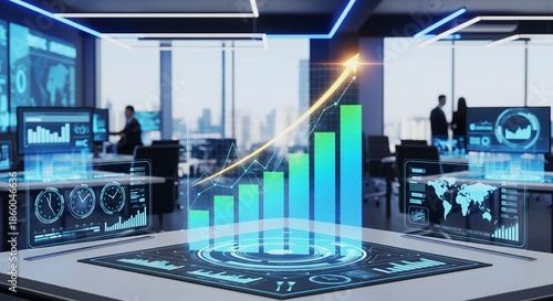 3D Business Graph Visualization with Arrow Highlight in Modern Office