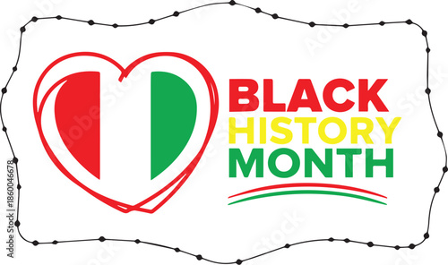 Vector illustration for Black History Month with heart motif, Pan-African colors, and dotted border