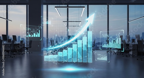 3D Business Graph Visualization with Arrow Highlight in Modern Office