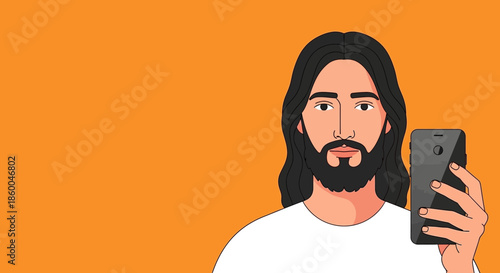 Jesus christ takes a modern selfie with his smartphone, holding the device in his hand against a vibrant orange background