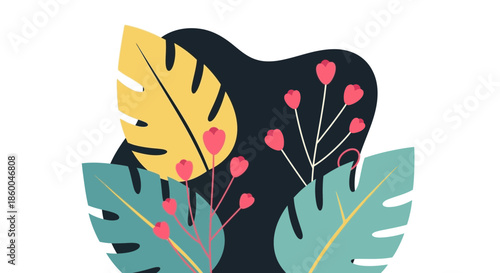 A vibrant illustration featuring stylized tropical leaves in shades of yellow and teal, interspersed with delicate pink flowers on thin stems against a dark background