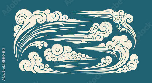 A dynamic composition of stylized clouds and wind patterns in a traditional asian art style, rendered in cream and deep teal