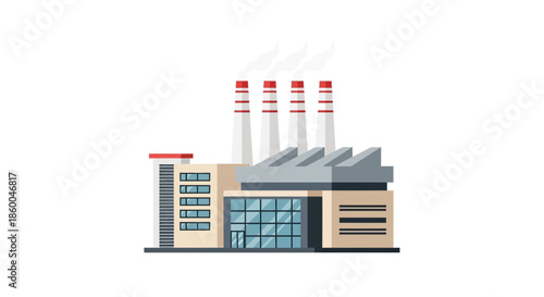 A modern industrial factory building with multiple chimneys emitting smoke, isolated on a white background