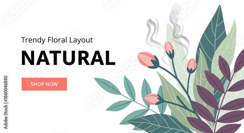 A trendy floral layout featuring delicate pink buds and lush green and purple leaves, with the word natural prominently displayed alongside a shop now button