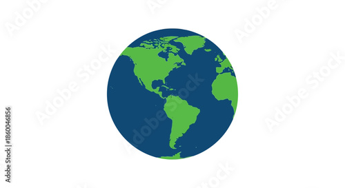 A stylized illustration of planet earth, showcasing north and south america in green against a deep blue ocean background, isolated on a clean white canvas