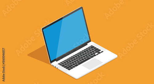 A modern white laptop with a blue screen and black keyboard is shown in an isometric perspective against a vibrant orange background