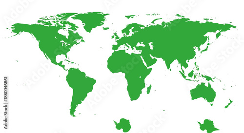 A vibrant green world map illustration showcasing all continents isolated on a clean white background, representing global connectivity and geography