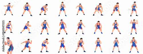 Dynamic vector set of male wrestler poses: action stances, defense, and attack movements for sports or fitness illustrations.