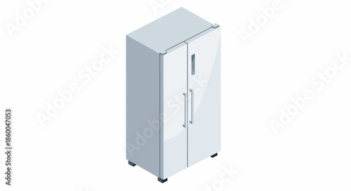 A modern, white, doubledoor refrigerator is depicted in an isometric view, isolated on a plain white background, representing a common kitchen appliance
