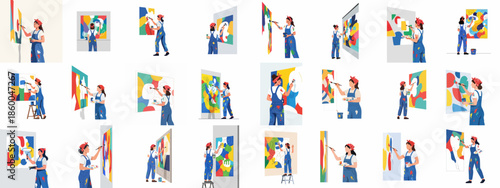 Vector set of female artist characters in various poses painting large scale abstract murals and canvases with brushes and rollers.