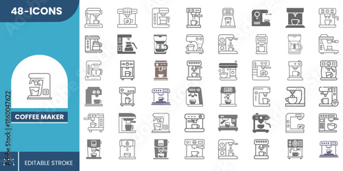 Coffee Maker Icon Set Editable– Café Equipment, Espresso Machine, Coffee Brewer & Kitchen Appliance Vector Icons.