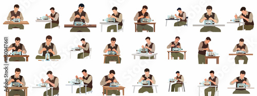 Collection of illustrations showing a man meticulously constructing a classic sailboat model inside a glass bottle as a challenging hobby.